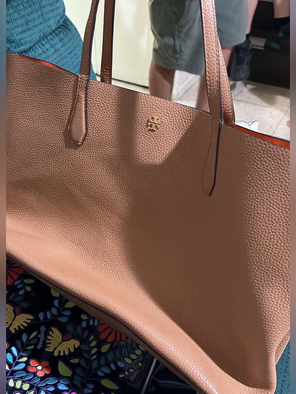 Tory Burch Peach/Tan Pebbled Leather Tote with Gold Logo